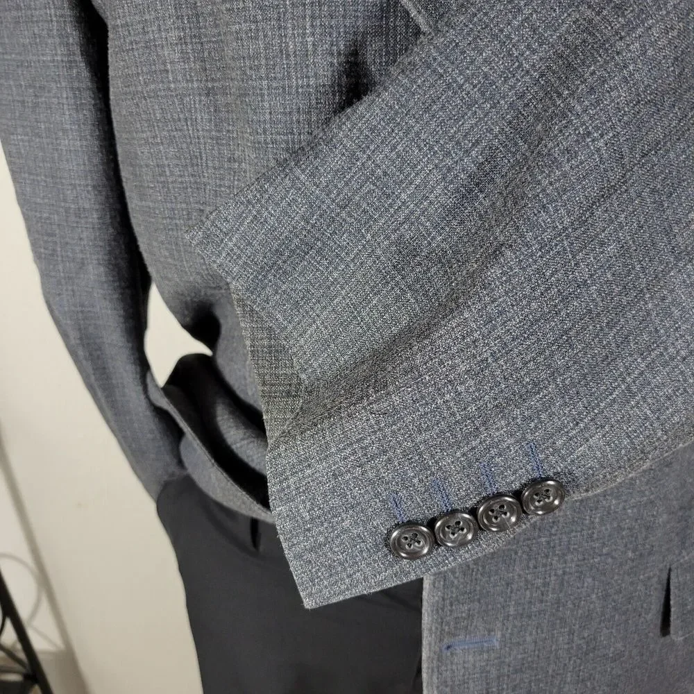 S.Cohen Men's Sport Coat JAY Three Button Blue Gray Plaid‎ Silk Wool Size 44R